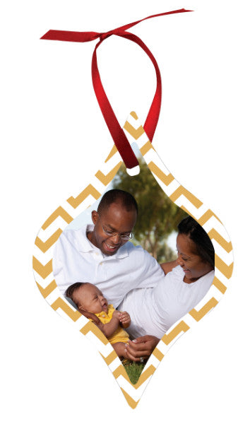 TAPERED 2 SIDED METAL ORNAMENT WITH RED RIBBON