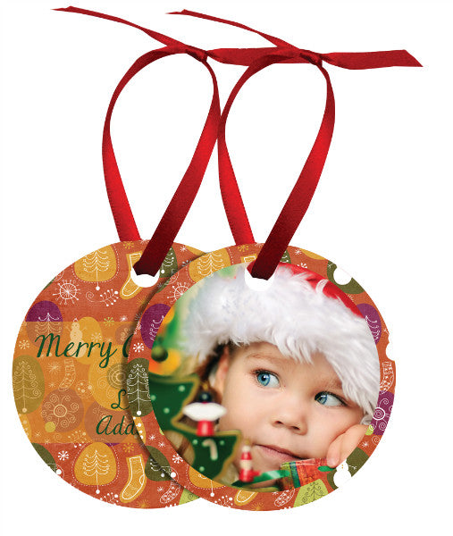 ROUND 2 SIDED METAL ORNAMENT WITH RED RIBBON