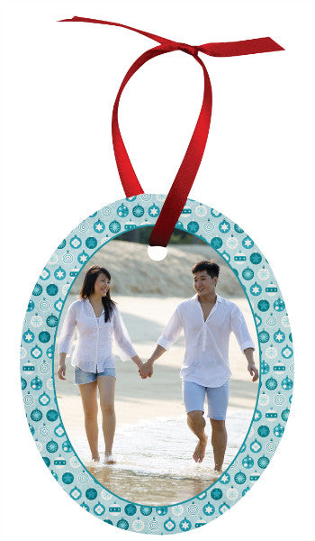 OVAL 2 SIDED METAL ORNAMENT WITH RED RIBBON