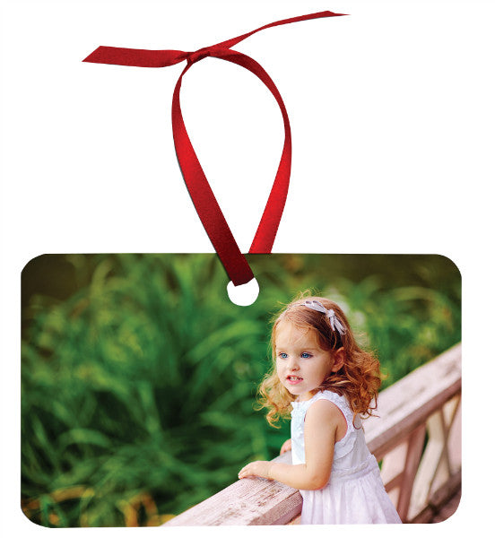 RECTANGLE (LANDSCAPE) 2 SIDED METAL ORNAMENT WITH RED RIBBON