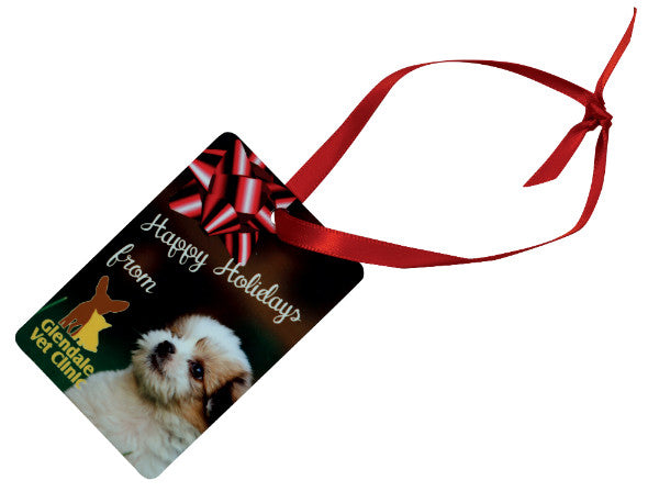 RECTANGLE (PORTRAIT) 2 SIDED METAL ORNAMENT WITH RED RIBBON